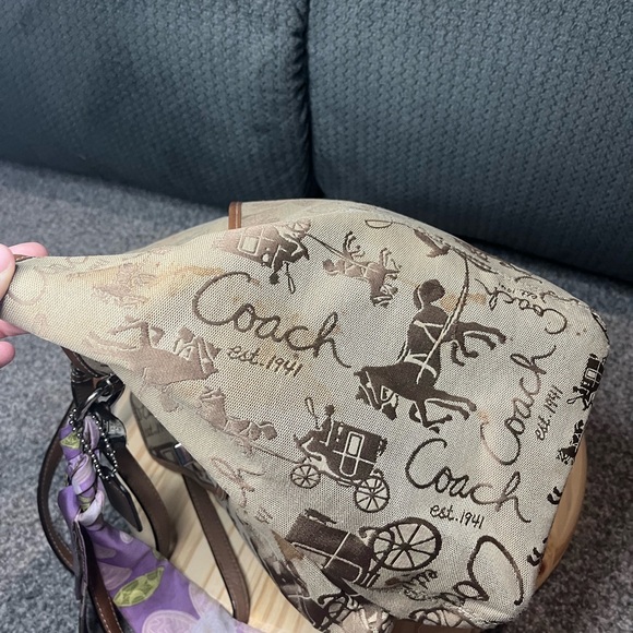 Coach Tan Shoulder Bag Purse with Purple Scarf AS IS - Picture 3 of 16